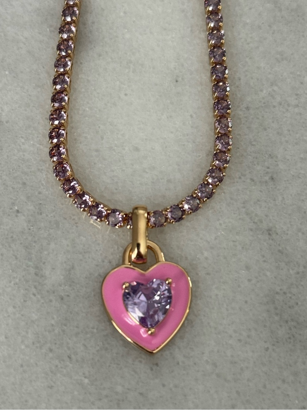 Gold Purple Crystal Pave Tennis Chain Heart Pendant Barbie Necklace